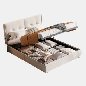 Cama de 160x200 cm com estrado de ripas e LED, cama basculante hidráulica com compartimento, cama de casal em veludo, cama funcional com compartimento, bege