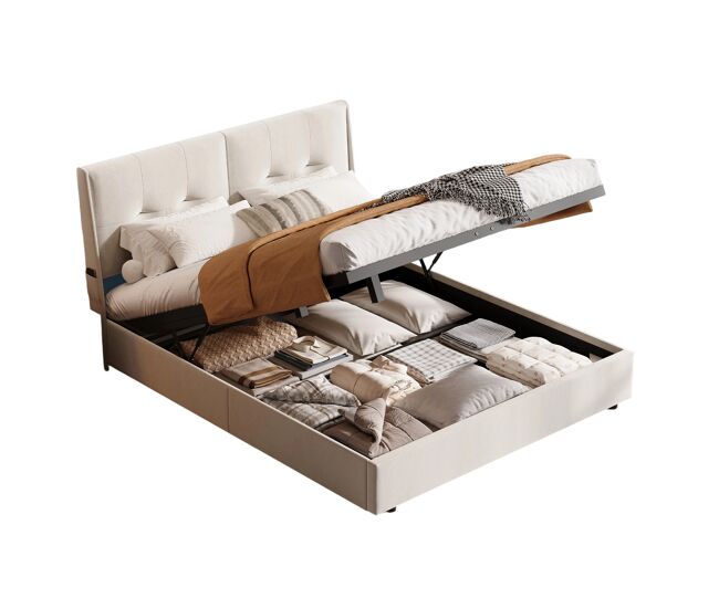 Cama 160x200 cm con somier y led, cama basculante hidráulica con espacio de almacenaje, cama doble de terciopelo, cama funcional con espacio de