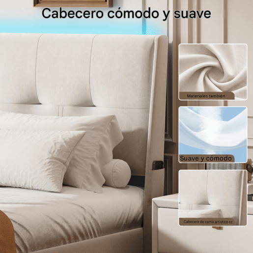 Cama de 160x200 cm com estrado de ripas e LED, cama basculante hidráulica com compartimento, cama de casal em veludo, cama funcional com compartimento, bege
