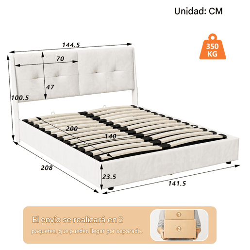 Cama de 160x200 cm com estrado de ripas e LED, cama basculante hidráulica com compartimento, cama de casal em veludo, cama funcional com compartimento, bege