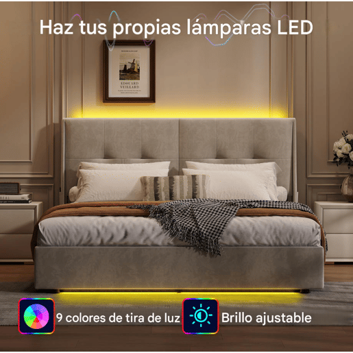 Cama de 160x200 cm com estrado de ripas e LED, cama basculante hidráulica com compartimento, cama de casal em veludo, cama funcional com compartimento, bege