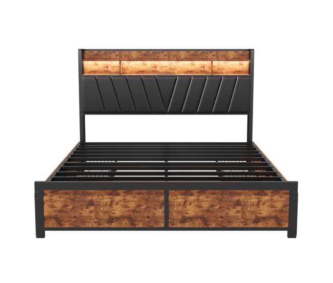 Cama de metal de 140 x 200 cm con somier de láminas | cama juvenil con luz led y estante | cama con canapé y 4 cajones | estructura de poliuretano,