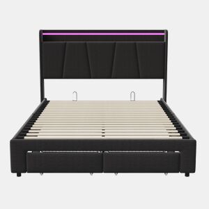 Cama Estofada 140x190cm com USB Tipo-C, Cama de Casal Juvenil com 2 Gavetas de Armazenamento, Estrado de Ripas, LED, Linho Cinzento Escuro