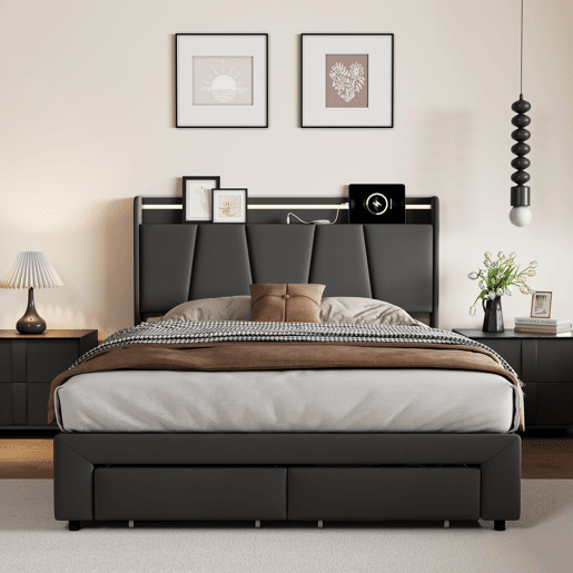 Cama Estofada 140x190cm com USB Tipo-C, Cama de Casal Juvenil com 2 Gavetas de Armazenamento, Estrado de Ripas, LED, Linho Cinzento Escuro