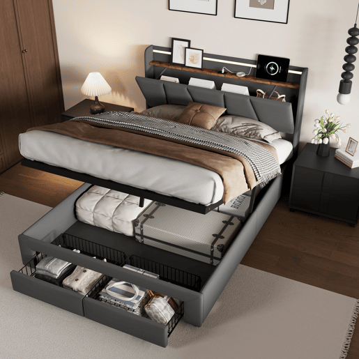 Cama Estofada 140x190cm com USB Tipo-C, Cama de Casal Juvenil com 2 Gavetas de Armazenamento, Estrado de Ripas, LED, Linho Cinzento Escuro