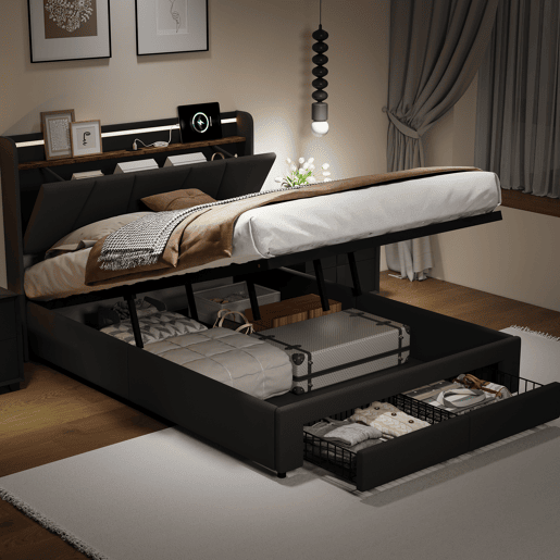 Cama Estofada 140x190cm com USB Tipo-C, Cama de Casal Juvenil com 2 Gavetas de Armazenamento, Estrado de Ripas, LED, Linho Cinzento Escuro