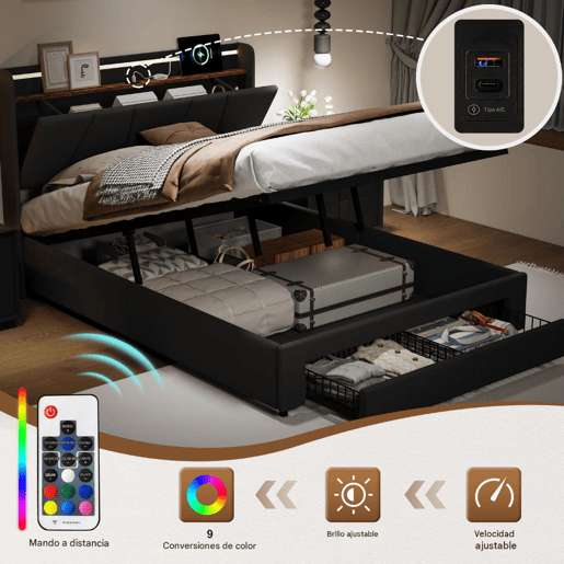 Cama Estofada 140x190cm com USB Tipo-C, Cama de Casal Juvenil com 2 Gavetas de Armazenamento, Estrado de Ripas, LED, Linho Cinzento Escuro