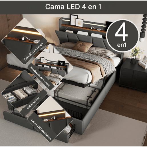Cama Estofada 140x190cm com USB Tipo-C, Cama de Casal Juvenil com 2 Gavetas de Armazenamento, Estrado de Ripas, LED, Linho Cinzento Escuro