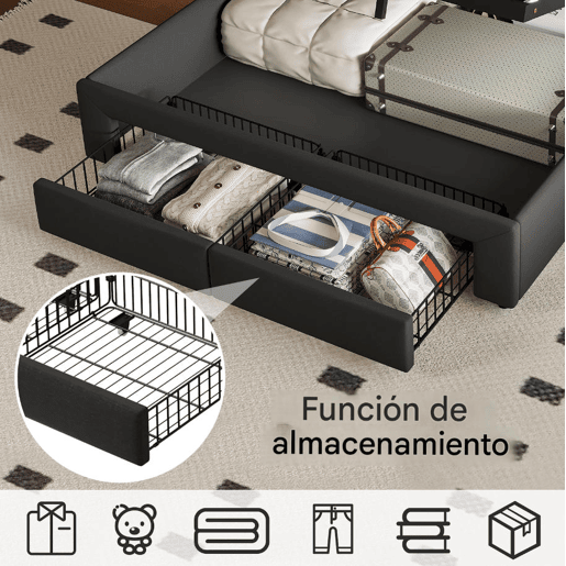 Cama Estofada 140x190cm com USB Tipo-C, Cama de Casal Juvenil com 2 Gavetas de Armazenamento, Estrado de Ripas, LED, Linho Cinzento Escuro