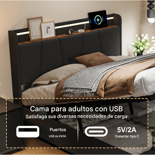 Cama Estofada 140x190cm com USB Tipo-C, Cama de Casal Juvenil com 2 Gavetas de Armazenamento, Estrado de Ripas, LED, Linho Cinzento Escuro
