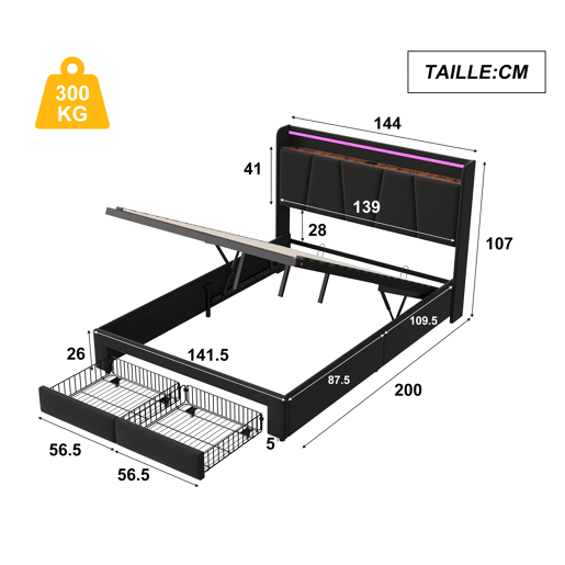 Cama Estofada 140x190cm com USB Tipo-C, Cama de Casal Juvenil com 2 Gavetas de Armazenamento, Estrado de Ripas, LED, Linho Cinzento Escuro