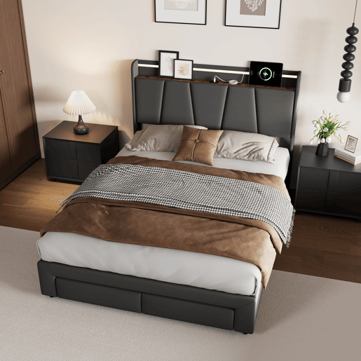 Cama Estofada 140x190cm com USB Tipo-C, Cama de Casal Juvenil com 2 Gavetas de Armazenamento, Estrado de Ripas, LED, Linho Cinzento Escuro