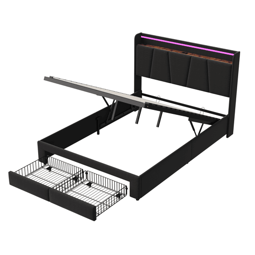 Cama Estofada 140x190cm com USB Tipo-C, Cama de Casal Juvenil com 2 Gavetas de Armazenamento, Estrado de Ripas, LED, Linho Cinzento Escuro