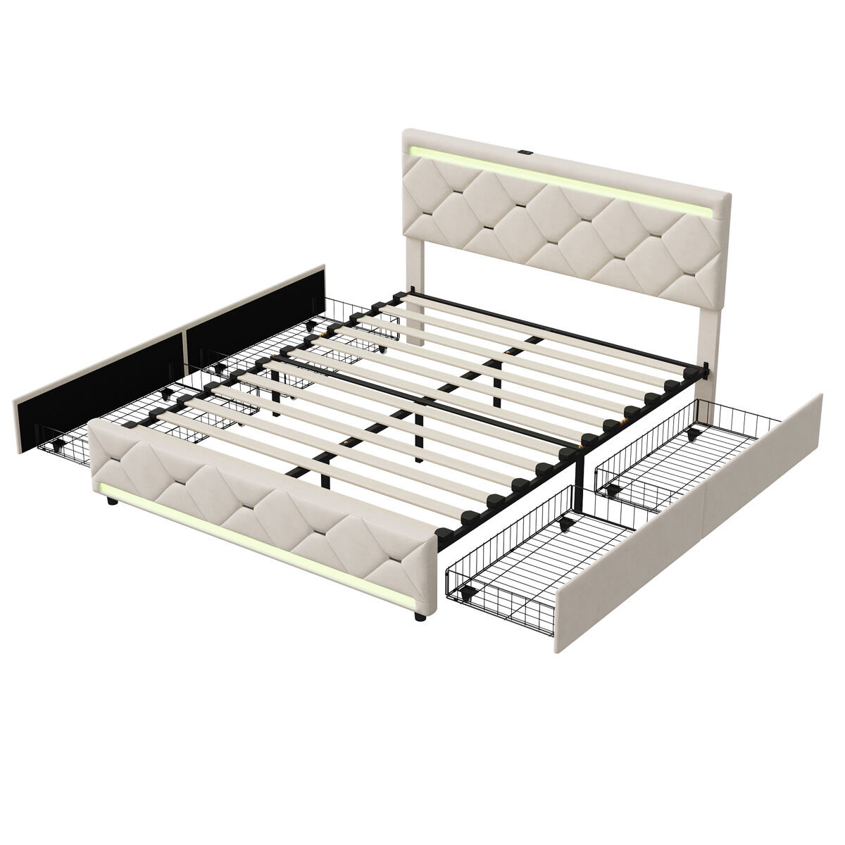 Cama tapizada de 160x200 cm con 4 cajones y espacio de almacenaje, iluminación usb y led, terciopelo beige