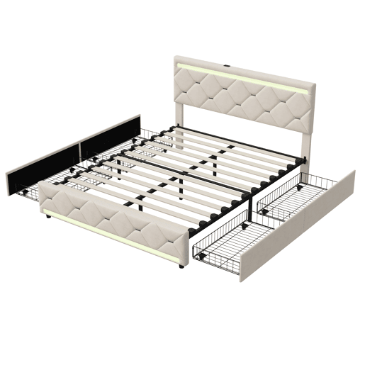 Cama Estofada 160x200cm com 4 Gavetas e Espaço de Armazenamento, USB e Iluminação LED, Veludo Bege