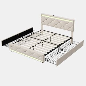 Cama Estofada 160x200cm com 4 Gavetas e Espaço de Armazenamento, USB e Iluminação LED, Veludo Bege