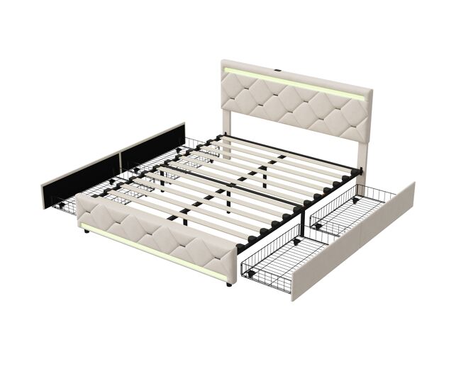 Cama tapizada de 160x200 cm con 4 cajones y espacio de almacenaje, iluminación usb y led, terciopelo beige