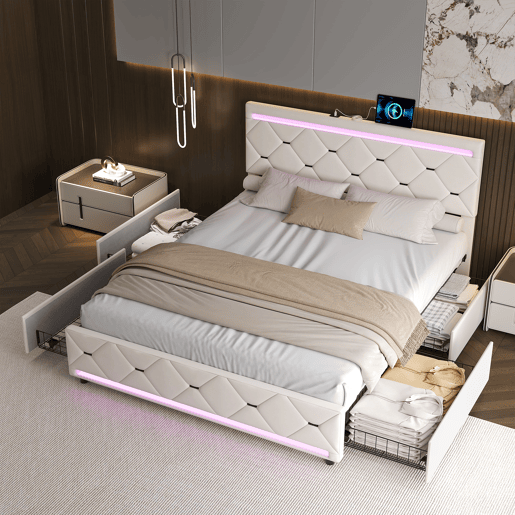 Cama Estofada 160x200cm com 4 Gavetas e Espaço de Armazenamento, USB e Iluminação LED, Veludo Bege