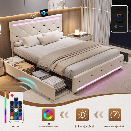 Cama Estofada 160x200cm com 4 Gavetas e Espaço de Armazenamento, USB e Iluminação LED, Veludo Bege
