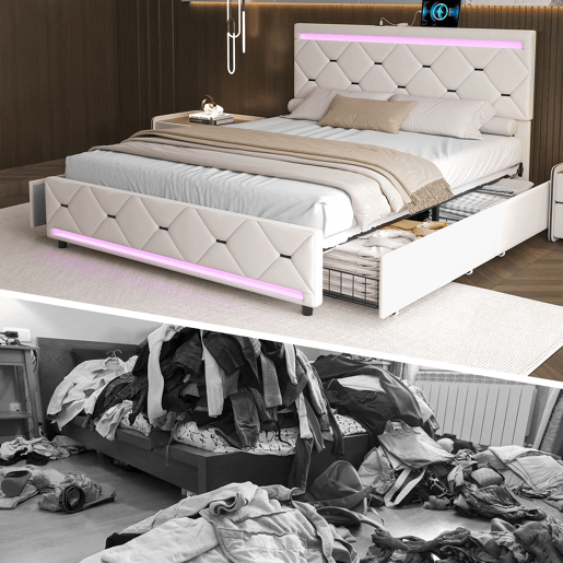 Cama Estofada 160x200cm com 4 Gavetas e Espaço de Armazenamento, USB e Iluminação LED, Veludo Bege