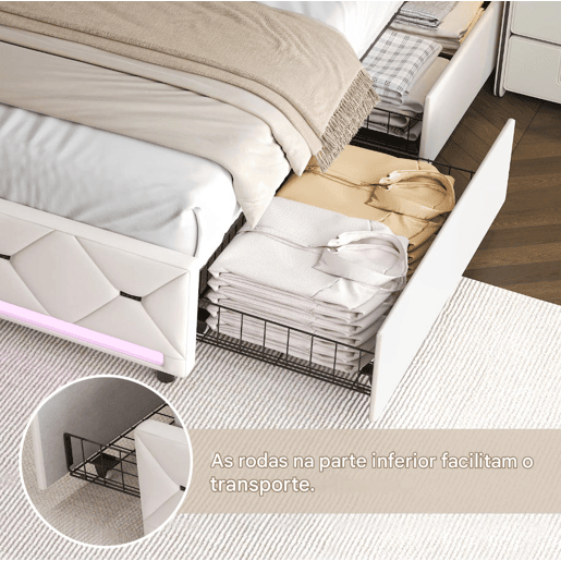 Cama Estofada 160x200cm com 4 Gavetas e Espaço de Armazenamento, USB e Iluminação LED, Veludo Bege