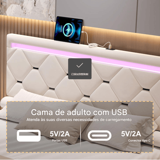 Cama Estofada 160x200cm com 4 Gavetas e Espaço de Armazenamento, USB e Iluminação LED, Veludo Bege