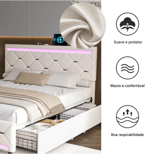 Cama Estofada 160x200cm com 4 Gavetas e Espaço de Armazenamento, USB e Iluminação LED, Veludo Bege