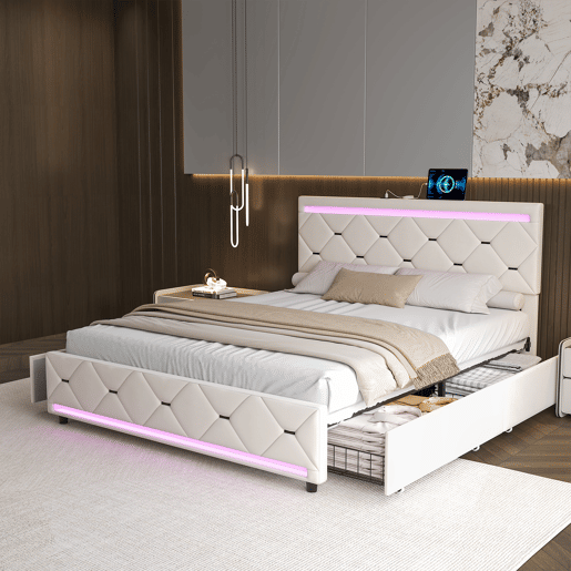 Cama Estofada 160x200cm com 4 Gavetas e Espaço de Armazenamento, USB e Iluminação LED, Veludo Bege