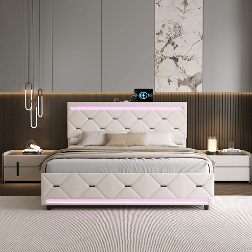 Cama Estofada 160x200cm com 4 Gavetas e Espaço de Armazenamento, USB e Iluminação LED, Veludo Bege