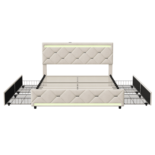 Cama Estofada 160x200cm com 4 Gavetas e Espaço de Armazenamento, USB e Iluminação LED, Veludo Bege
