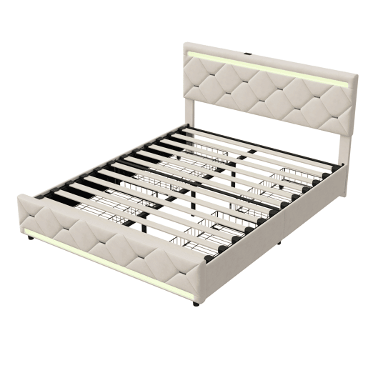 Cama Estofada 160x200cm com 4 Gavetas e Espaço de Armazenamento, USB e Iluminação LED, Veludo Bege