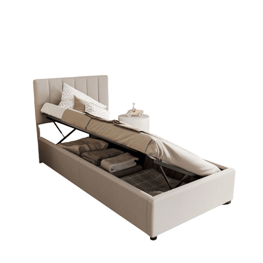 Cama 90x200cm, cama hidráulica, canapé, lino, beige