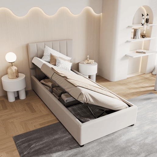 Cama 90x200cm, cama hidráulica, canapé, lino, beige