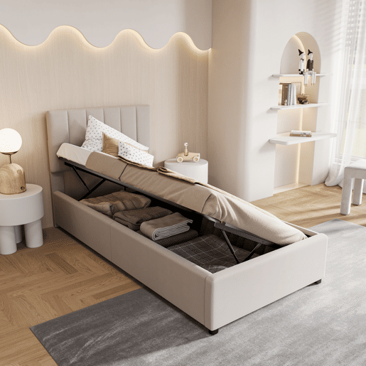 Cama 90x200cm, cama hidráulica, canapé, lino, beige