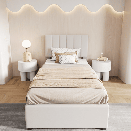 Cama 90x200cm, cama hidráulica, canapé, lino, beige