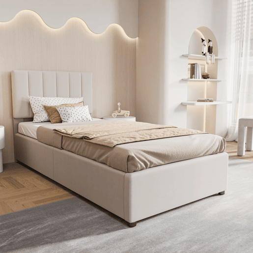 Cama 90x200cm, cama hidráulica, canapé, lino, beige