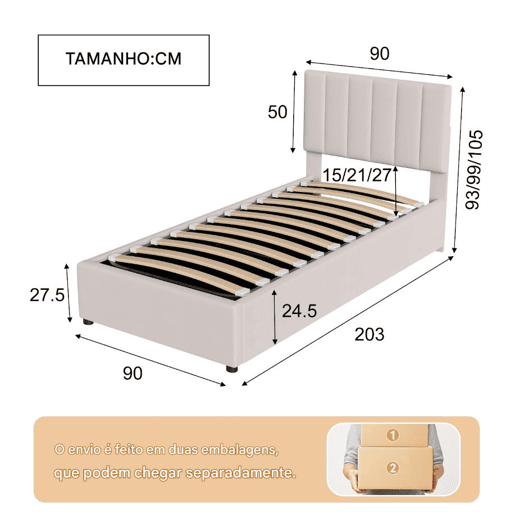 Cama 90x200cm, cama hidráulica, canapé, lino, beige