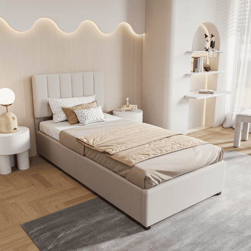 Cama 90x200cm, cama hidráulica, canapé, lino, beige