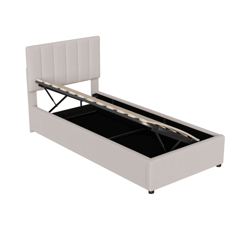 Cama 90x200cm, cama hidráulica, canapé, lino, beige Cama 90x200cm, cama hidráulica, canapé, lino, beige
