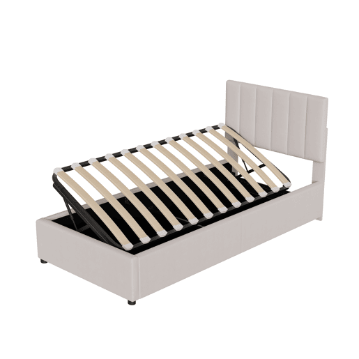 Cama 90x200cm, cama hidráulica, canapé, lino, beige Cama 90x200cm, cama hidráulica, canapé, lino, beige