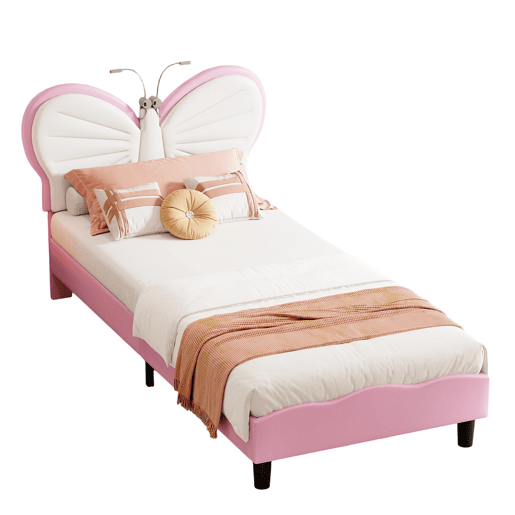Cama de 90x200 cm, com altura ajustável, cabeceira borboleta com luz de leitura LED, estofamento em veludo, adequada para colchões de 10-15 cm, fácil de montar.