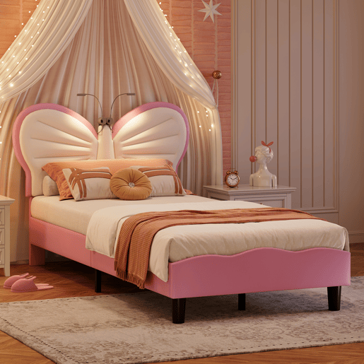 Cama de 90x200 cm, com altura ajustável, cabeceira borboleta com luz de leitura LED, estofamento em veludo, adequada para colchões de 10-15 cm, fácil de montar.