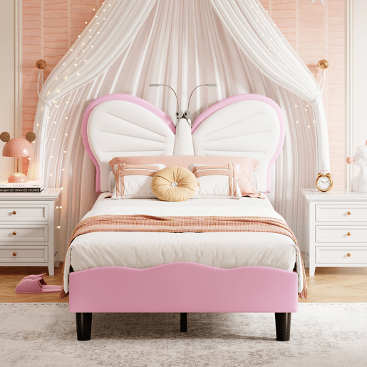 Cama de 90x200 cm, com altura ajustável, cabeceira borboleta com luz de leitura LED, estofamento em veludo, adequada para colchões de 10-15 cm, fácil de montar.