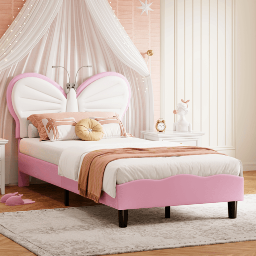 Cama de 90x200 cm, com altura ajustável, cabeceira borboleta com luz de leitura LED, estofamento em veludo, adequada para colchões de 10-15 cm, fácil de montar.