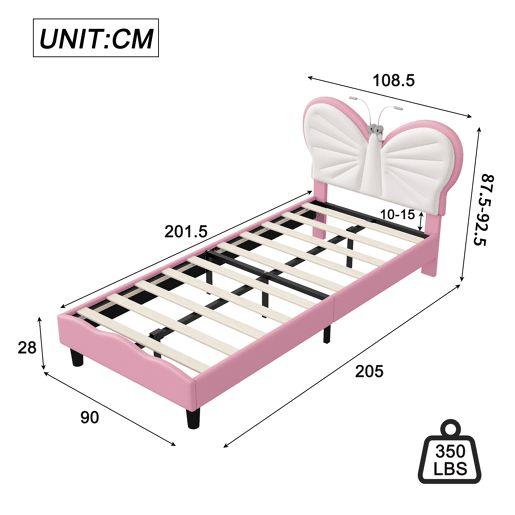 Cama de 90x200 cm, com altura ajustável, cabeceira borboleta com luz de leitura LED, estofamento em veludo, adequada para colchões de 10-15 cm, fácil de montar.
