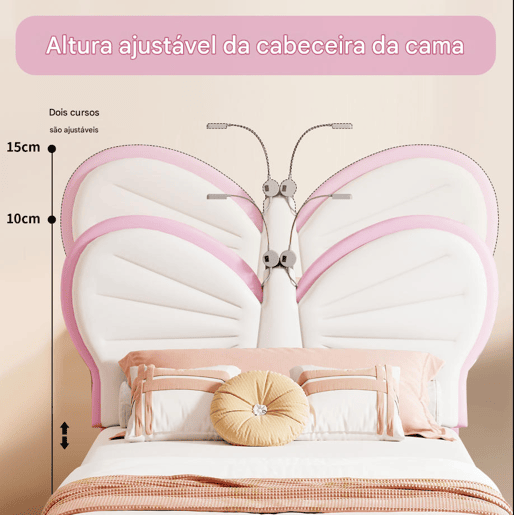 Cama de 90x200 cm, com altura ajustável, cabeceira borboleta com luz de leitura LED, estofamento em veludo, adequada para colchões de 10-15 cm, fácil de montar.