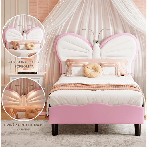 Cama de 90x200 cm, com altura ajustável, cabeceira borboleta com luz de leitura LED, estofamento em veludo, adequada para colchões de 10-15 cm, fácil de montar.