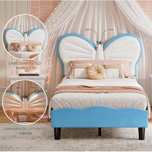 Cama de 90x200 cm, altura ajustável, cabeceira borboleta com luz de leitura LED, estofamento de veludo, adequada para colchões de 10 a 15 cm, fácil de montar. Cama de 90x200 cm, altura ajustável, cabeceira borboleta com luz de leitura LED, estofamento de veludo, adequada para colchões de 10 a 15 cm, fácil de montar.