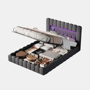Cama estofada, luzes LED, portas USB e espaço de armazenamento.