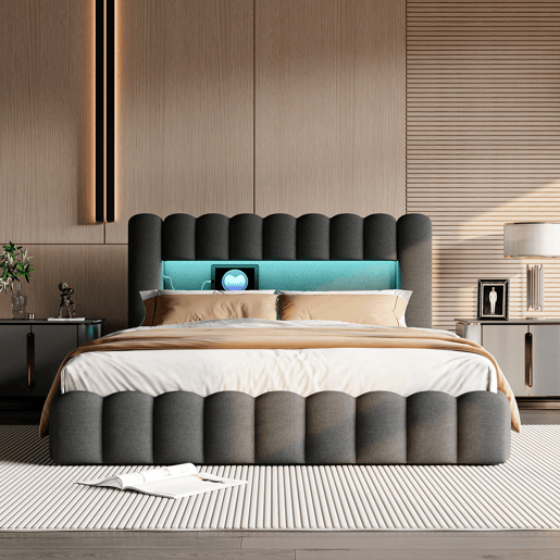 Cama estofada, luzes LED, portas USB e espaço de armazenamento. Cama estofada, luzes LED, portas USB e espaço de armazenamento.